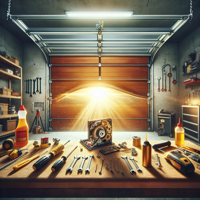 Interior view of a garage with the door open, bathed in light, surrounded by tools and equipment, highlighting the meticulous maintenance and repair services provided by Bear Door Services.